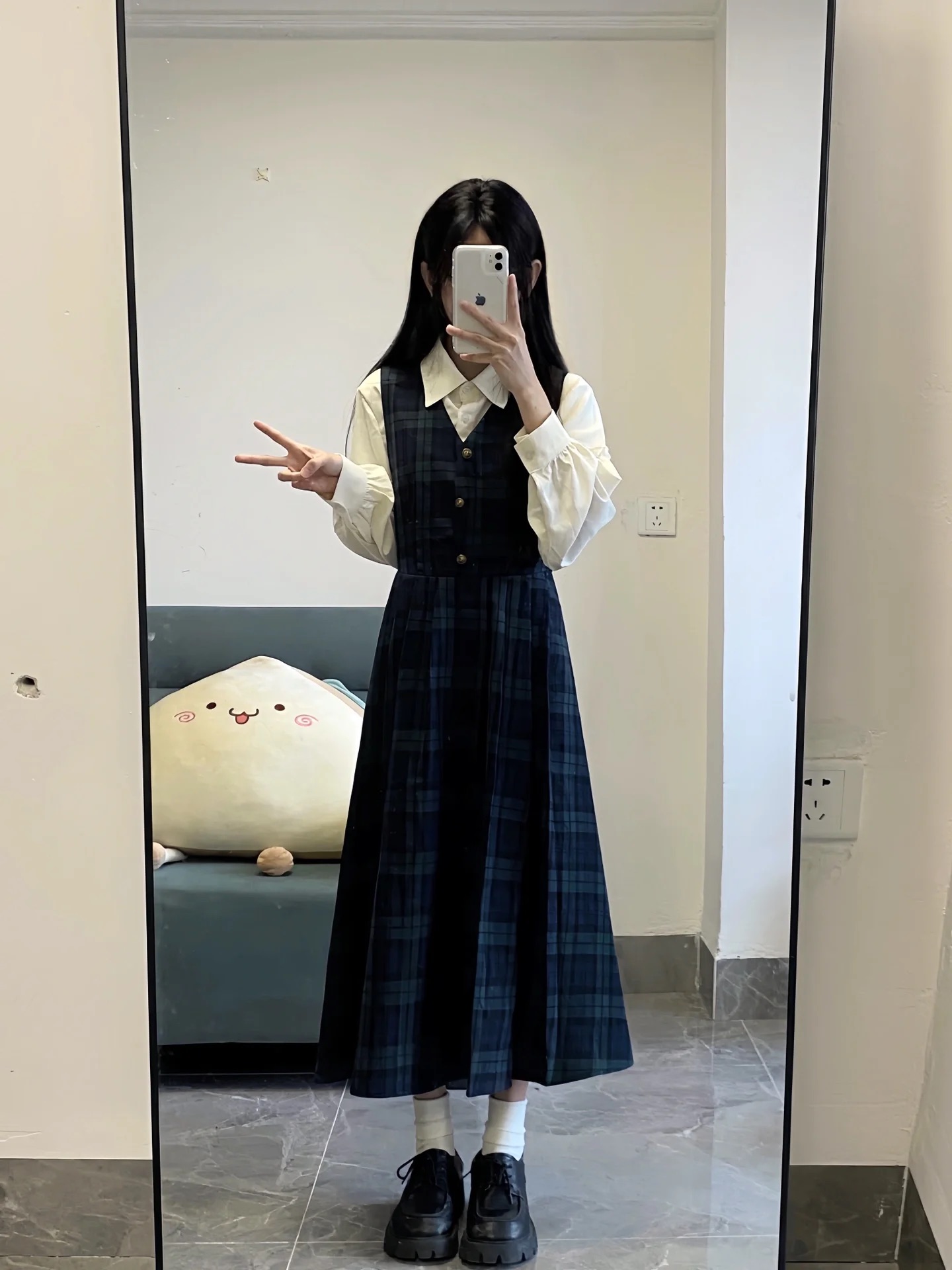 Autumn and winter small tea style long-sleeved shirt plaid suspender dress gentle and sweet two-piece suit for women