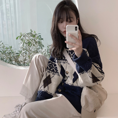 Dongdaemun Korean style rhombus single-breasted sweater for women, loose, lazy style, slimming, fashionable internet celebrity knitted cardigan