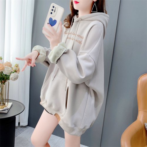 First release of 25 cotton fish scale fake two-piece hooded spring and autumn thin sweatshirt for women plus size 200 pounds top