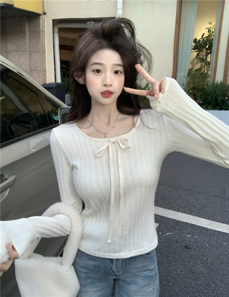 Actual shot ~ Spring apricot bow jacquard sweater, round neck, slimming, gentle and versatile long-sleeved T-shirt
