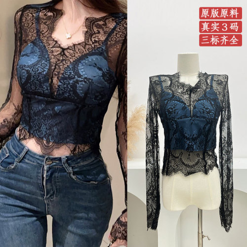 Complete with three standards ~ 2024 autumn and winter new style hollow design lace hollow slim hot girl short long-sleeved top