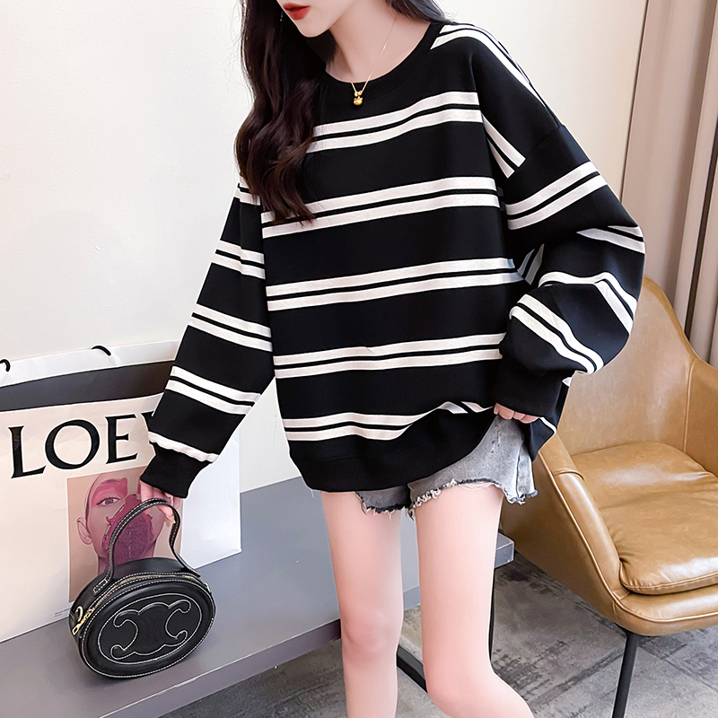 Real shot striped composite 330g sweatshirt women's spring and autumn round neck long-sleeved T-shirt tops large size women's 200 pounds