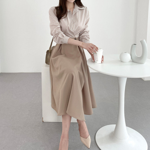 Size update Korean chic spring light luxury fashion temperament striped patchwork waist shirt dress