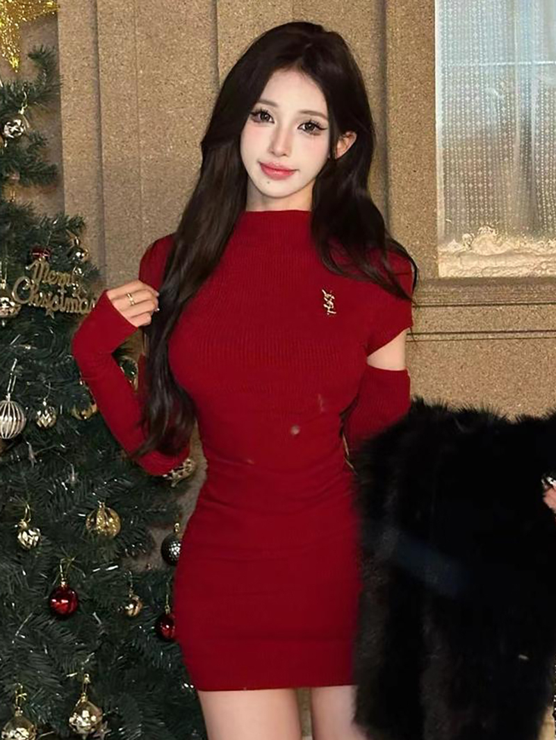 Red sleeves Korean version slimming knitted dress women's pure desire hip skirt hot girl autumn and winter new inner wear
