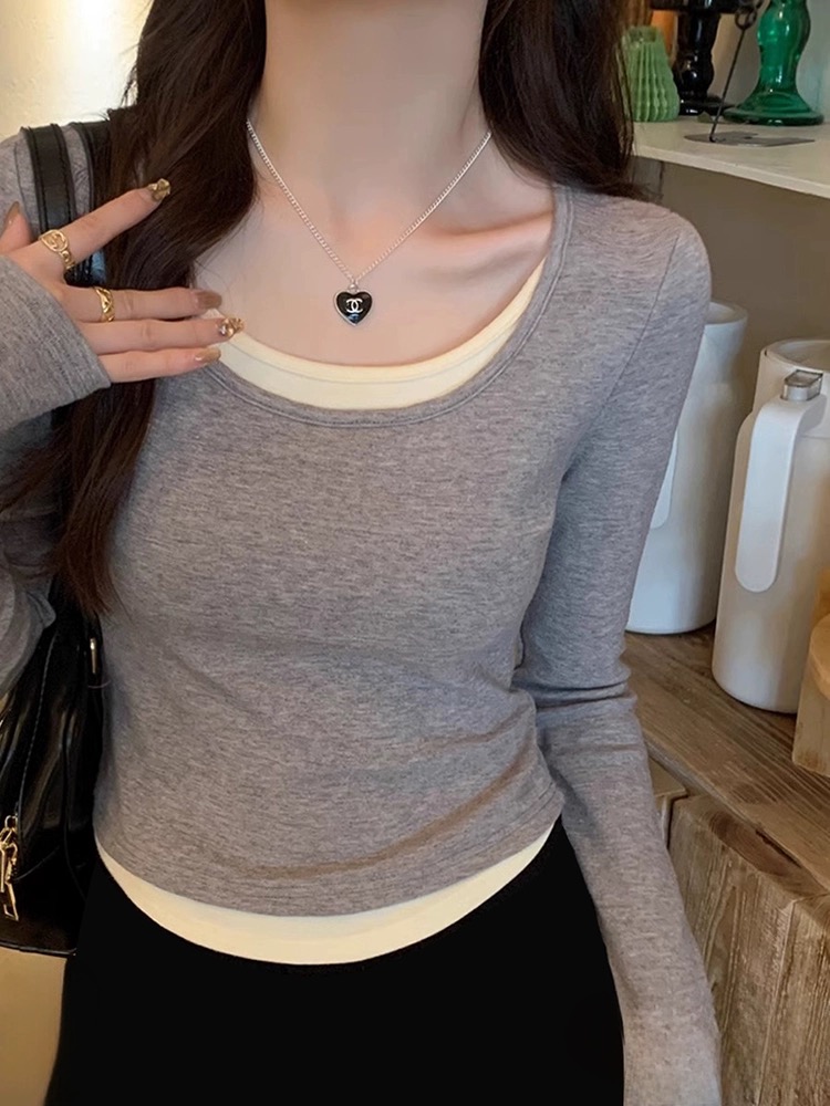 Fake two-piece bottoming shirt for women in autumn and winter, thickened brushed long-sleeved T-shirt, slim design, chic short top
