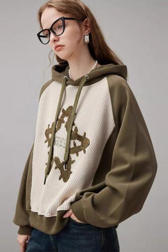 National style embroidered five-pointed star hooded sweatshirt for women 2024 spring season new style lazy style loose large size fat mm top