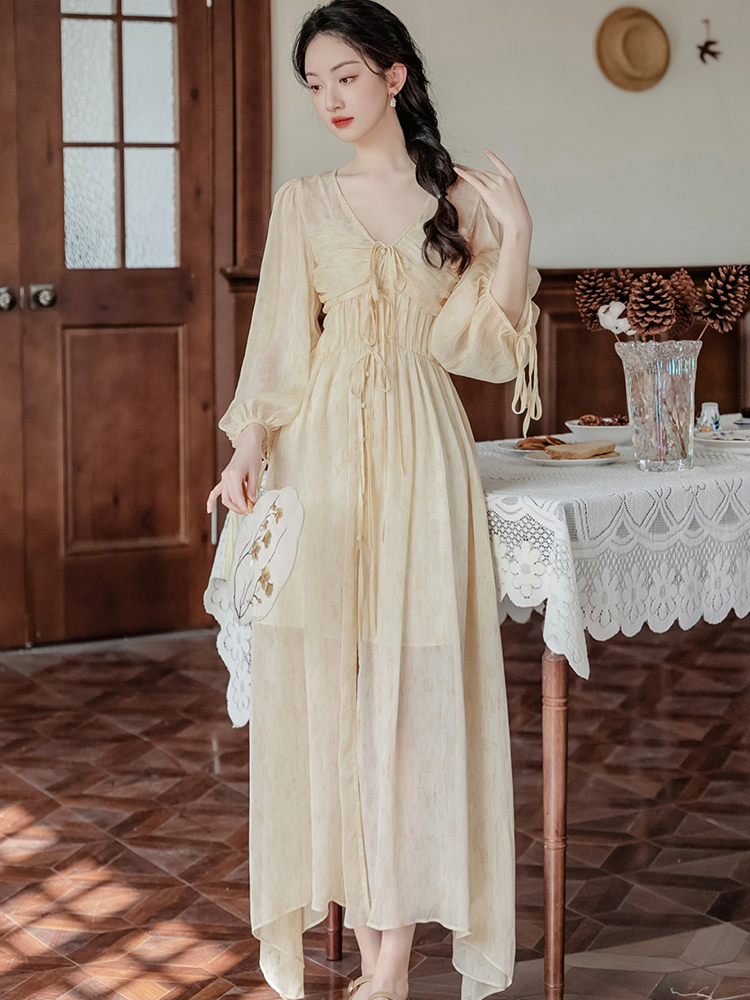 New elegant puff sleeves v-neck printed yellow dress long two-piece set including suspender skirt
