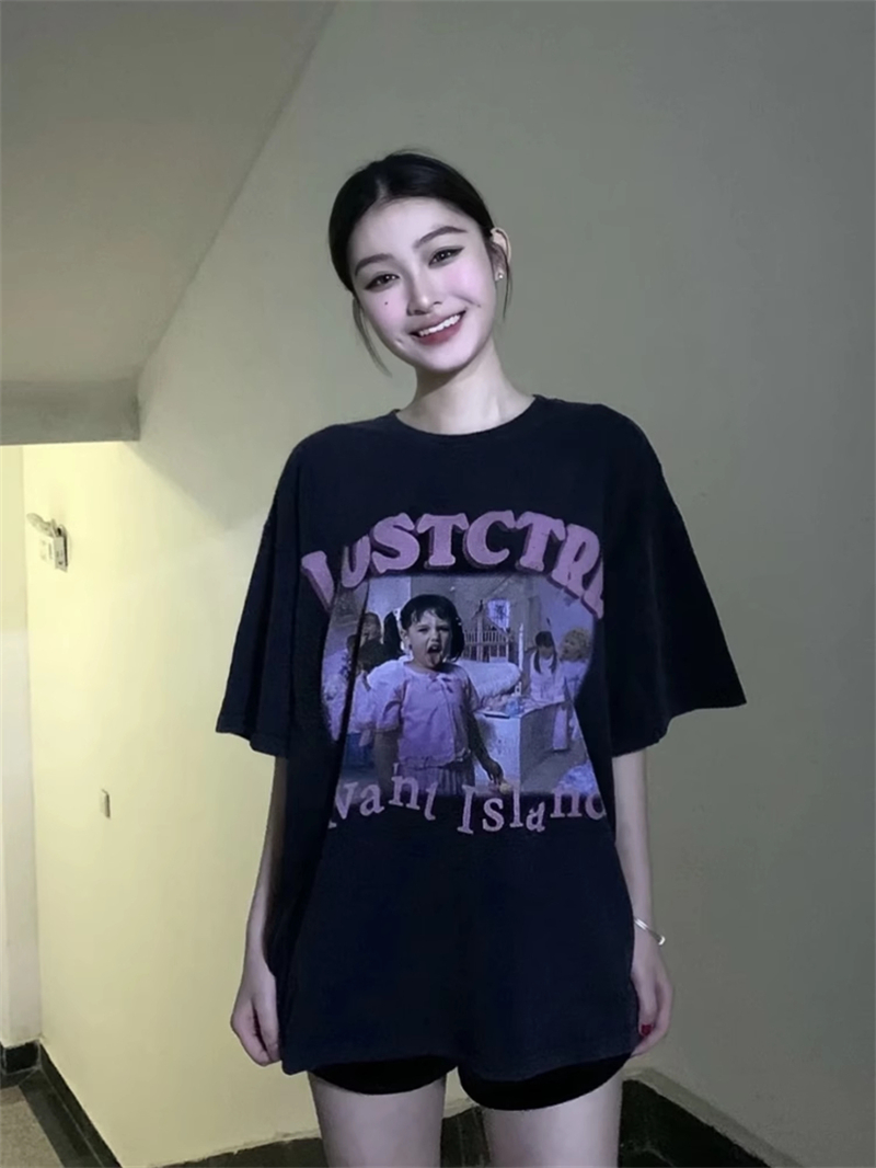 220克精梳緊密賽洛甜酷風嘻哈復古女孩印花短袖T恤