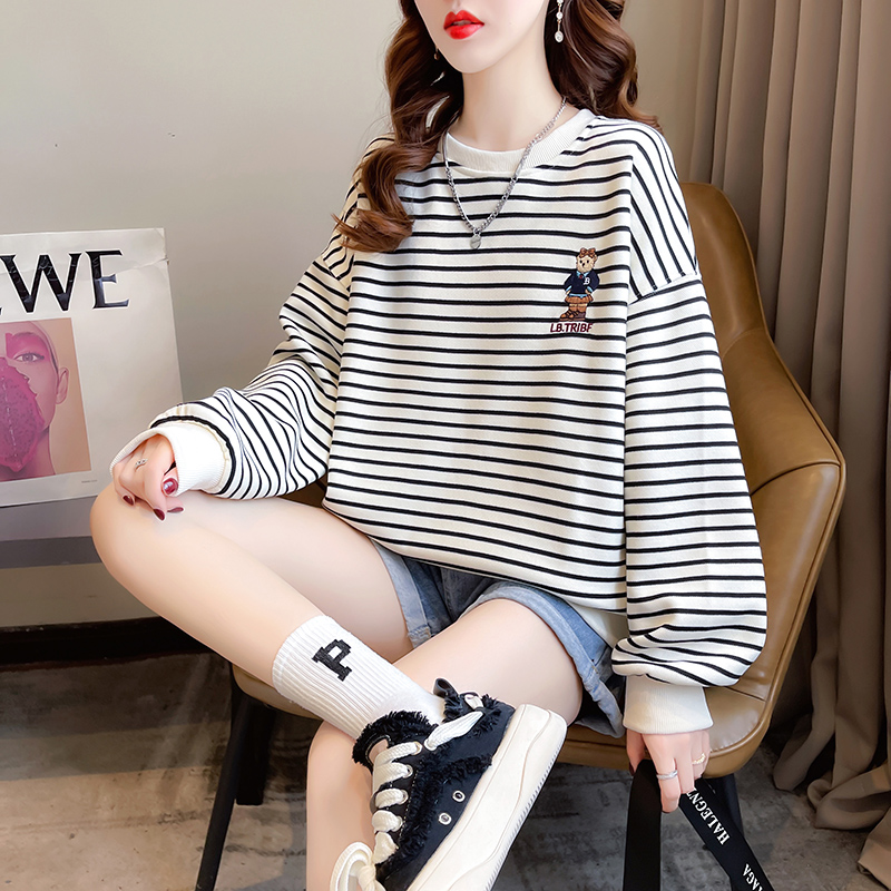 Real shot 300g original quality sweatshirt for women spring and autumn thin striped embroidered round neck long sleeve t-shirt tops for women plus size