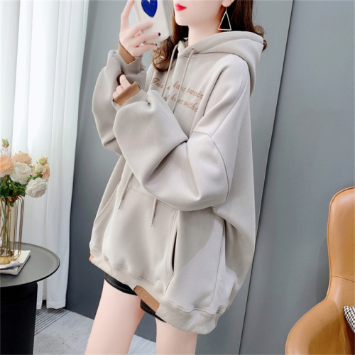 First release of 25 cotton fish scale fake two-piece hooded spring and autumn thin sweatshirt for women plus size 200 pounds top