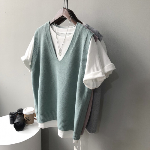Real shot ~ Knitted vest for women 2024 spring new college style v-neck loose lazy sleeveless waistcoat