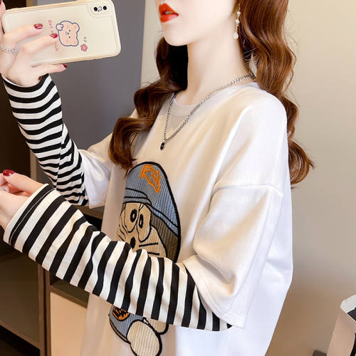 Real shot long-sleeved t-shirt for women spring and autumn thin new style fake two-piece cartoon sequin round neck top plus size women's clothing