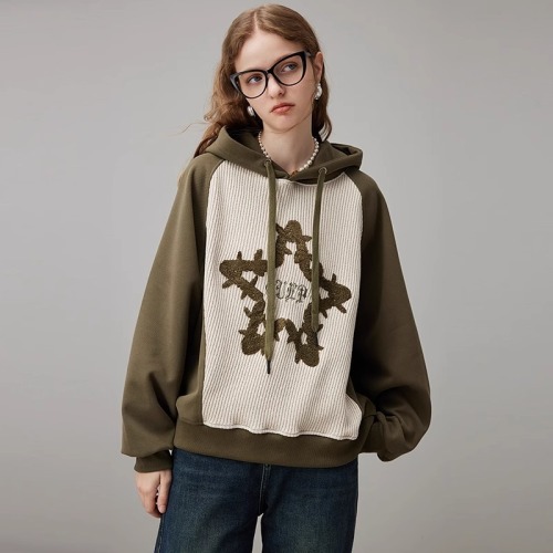 National style embroidered five-pointed star hooded sweatshirt for women 2024 spring season new style lazy style loose large size fat mm top