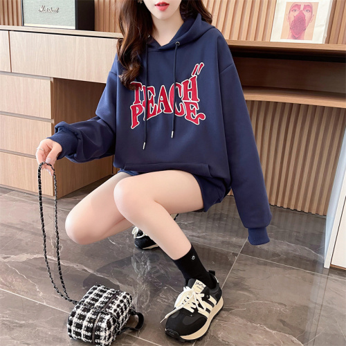 Real shot of pure cotton surface composite super soft plus velvet thickened American letter embroidery loose retro street hooded sweatshirt