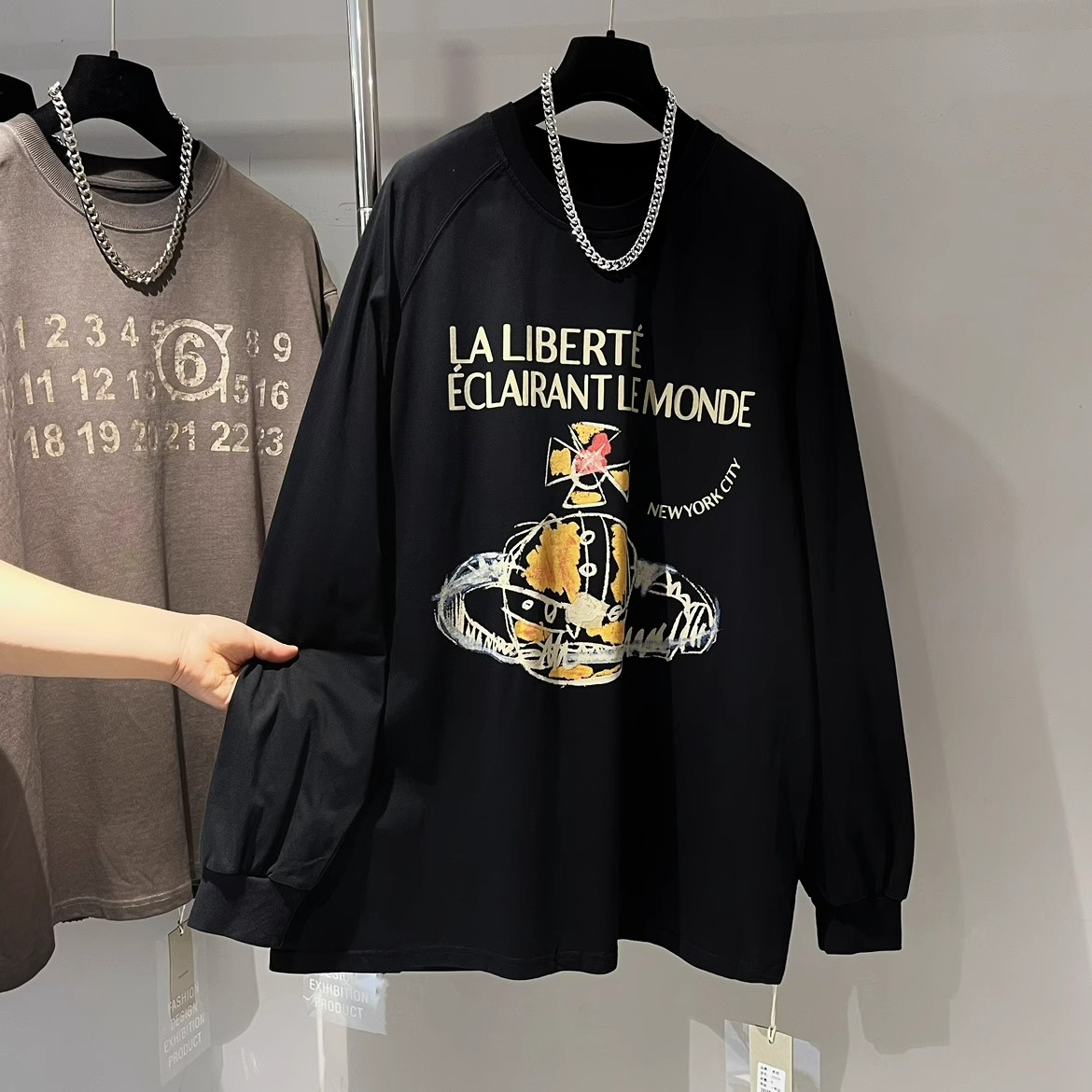 Pure cotton back strip 2024 spring and autumn letter graffiti loose pullover long-sleeved T-shirt for women