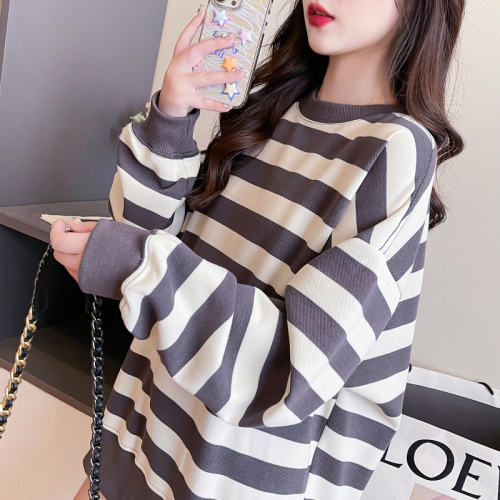 First real shot of 250g pique striped spring and autumn thin trendy round neck long-sleeved T-shirt tops large size women's clothing 200 pounds