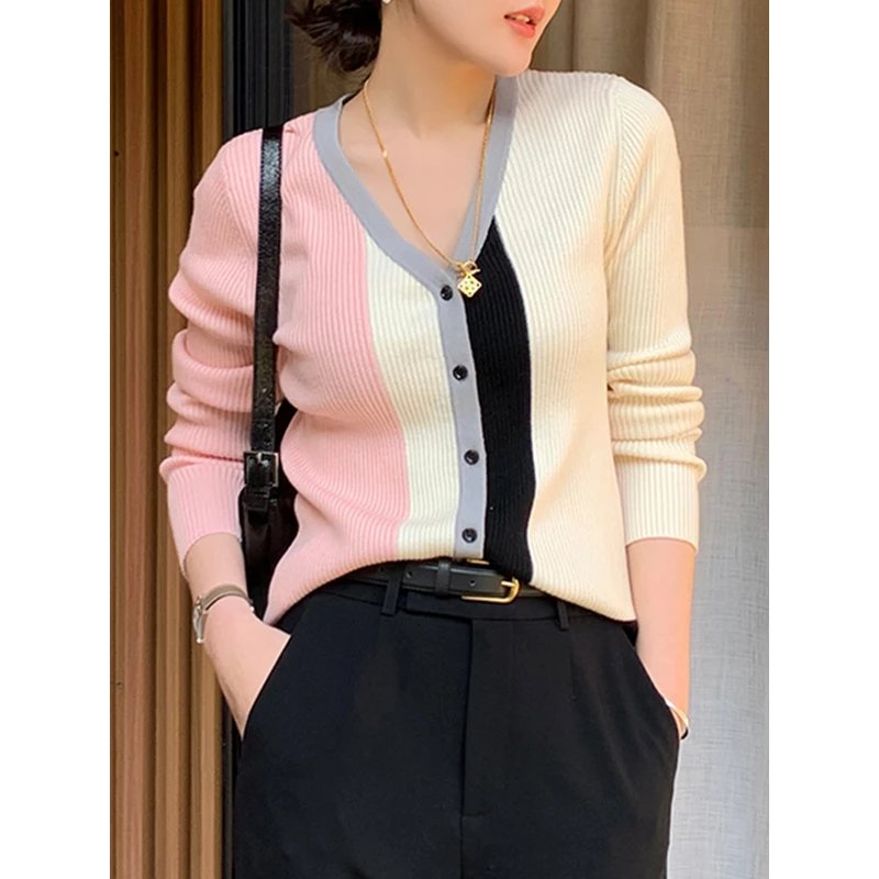 Contrast color v-neck pit strip knitted cardigan 2024 early spring new style niche French sweet sweater top for women
