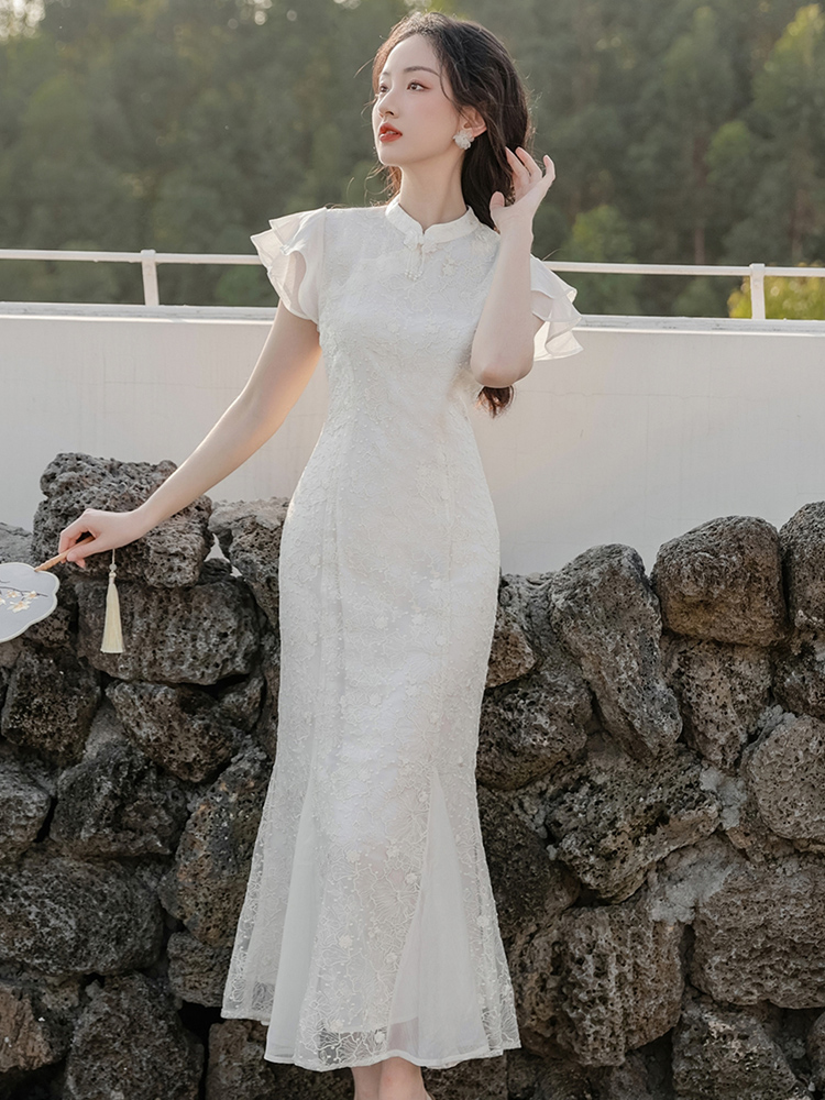 夢裡花新中式改良重工刺繡旗袍魚尾訂婚結婚連衣裙