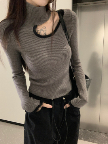 Sweet Hot Girl Hollow Half-Turtle Collar Sweater Women's New Autumn and Winter Design Top Slim Fit Bottoming