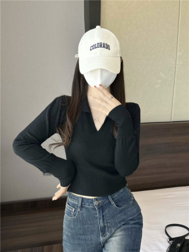 Actual shot~New V-neck slimming waist short lapel long-sleeved knitted top for women