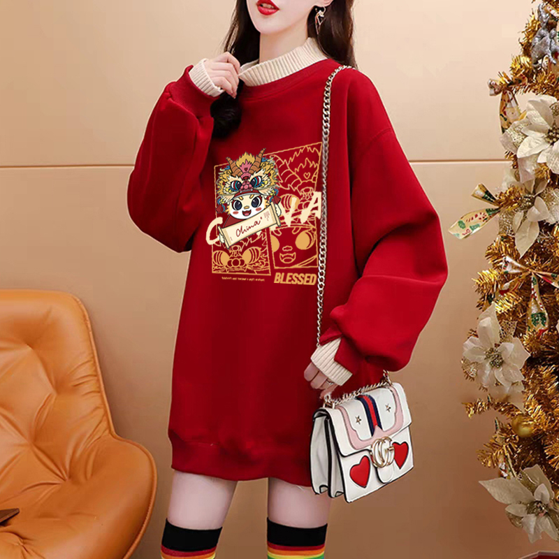 Pure cotton composite super soft autumn and winter super fire dragon print fake two-piece half turtleneck plus velvet sweatshirt for women
