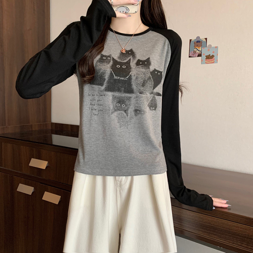 First real shot of threaded 210g bottoming shirt for women spring and autumn trendy thin short round neck raglan sleeve top long-sleeved T-shirt