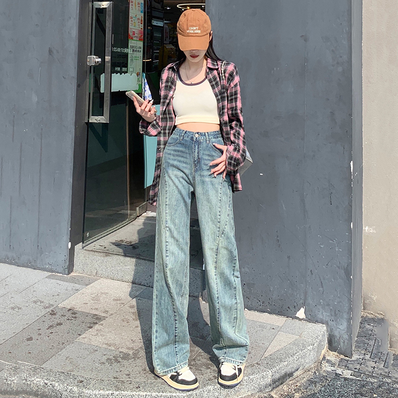 實拍~牛仔褲女 2024春秋季韓版寬鬆顯瘦拖地褲復古褲子女拼接款潮
