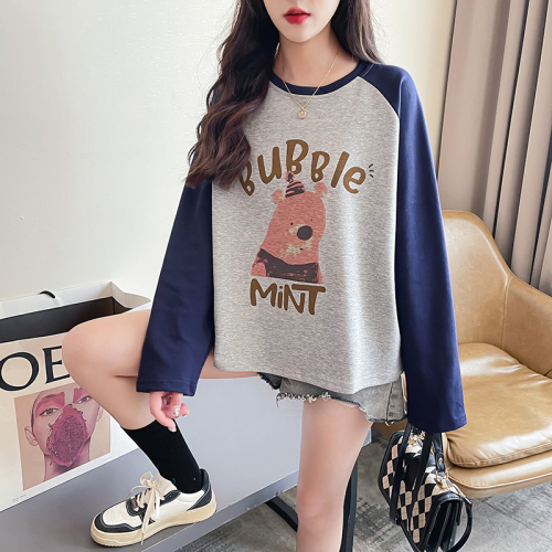 First real shot of 230g double-sided cotton spring and autumn raglan sleeves printed short trendy long-sleeved tops plus size women's 200 pounds