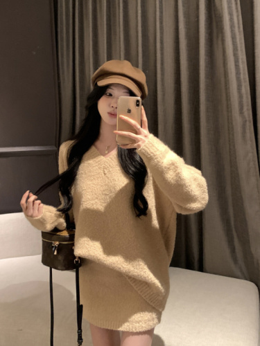 Actual shot~Korean style V-neck slim wool curly knitted wool fashion suit