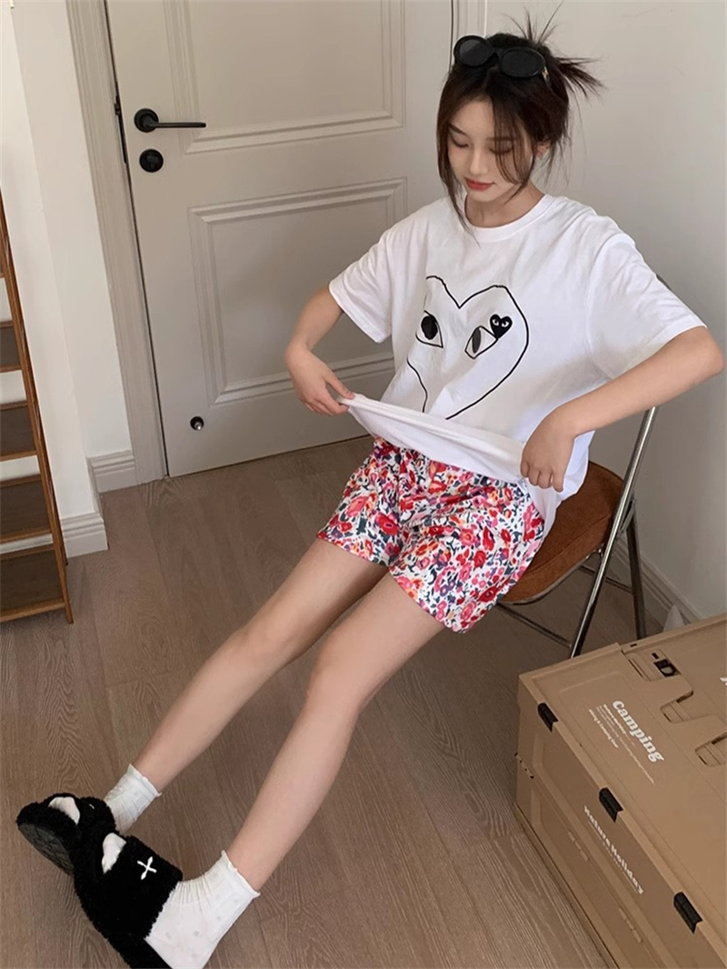 220克精梳緊密賽洛潮牌寬鬆愛心印花圓領短袖T恤