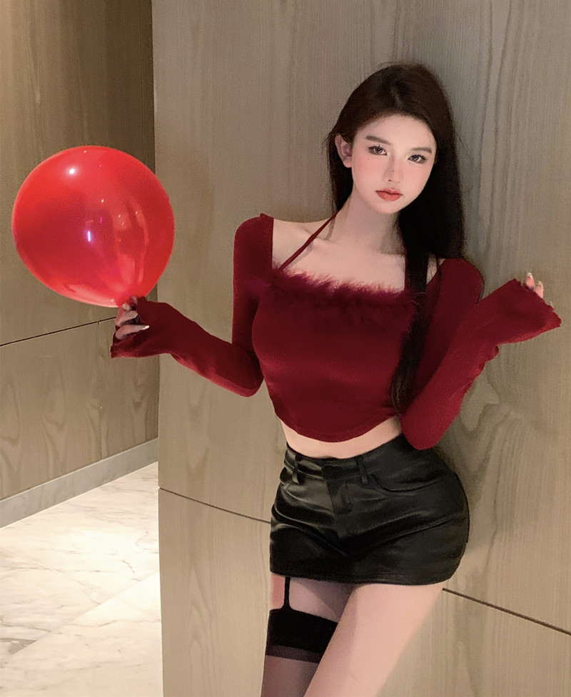 毛絨針織衫女裝秋季短款辣妹露肩性感緊身顯瘦長袖打底上衣