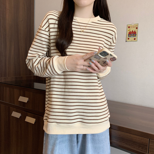 Real shot of puff pattern sweatshirt for women, spring and autumn thin Korean style round neck striped long-sleeved T-shirt tops for women plus size 200 pounds