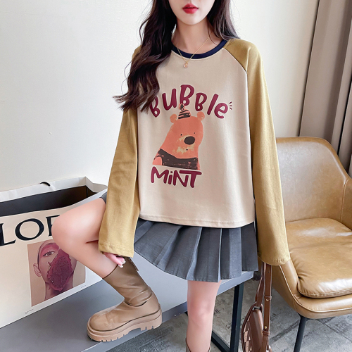 First real shot of 230g double-sided cotton spring and autumn raglan sleeves printed short trendy long-sleeved tops plus size women's 200 pounds