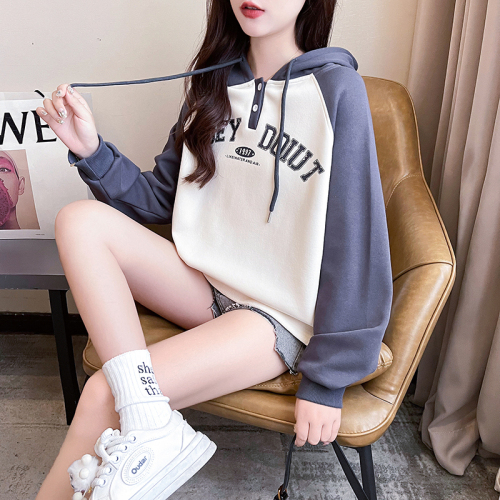 Real shot of Chinese cotton composite 320g spring and autumn thin sweatshirt women's raglan sleeve hooded trendy top plus size women's 200 pounds