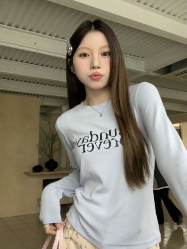 Real shot of three standard casual and versatile round neck printed letter long-sleeved T-shirts for women