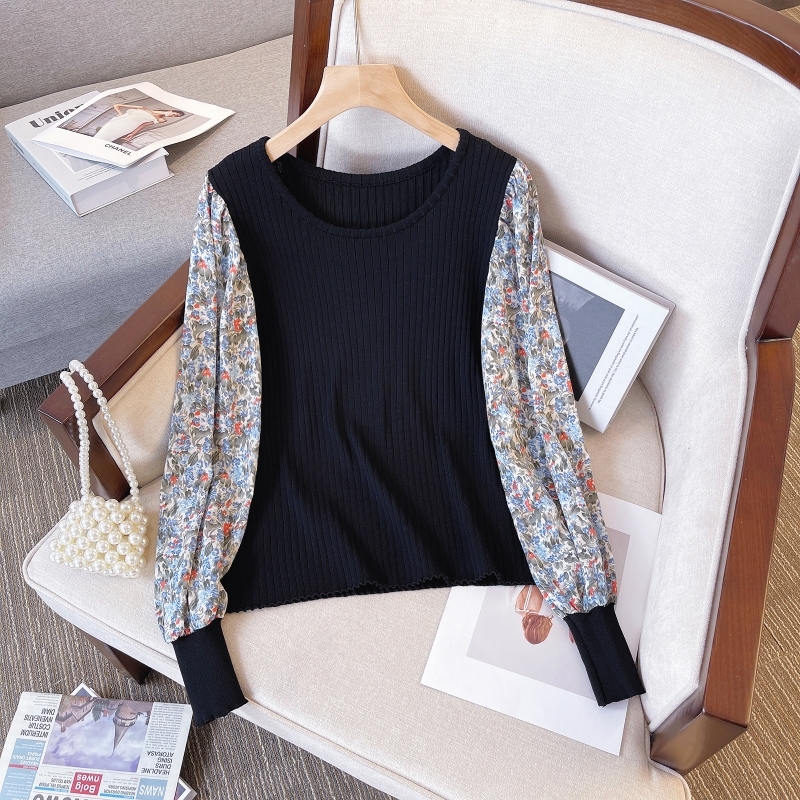 Design sense 2024 spring new large size long-sleeved T-shirt slimming fashion splicing fat girl covering belly western style top