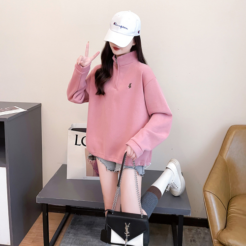 Real shot of rice wool composite 330g sweatshirt for women spring and autumn embroidered lapel top plus size women's 200 pounds