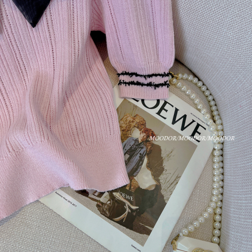 粉色短袖T恤女夏季镂空短款修身显瘦蝴蝶结冰丝针织衫泡泡袖上衣