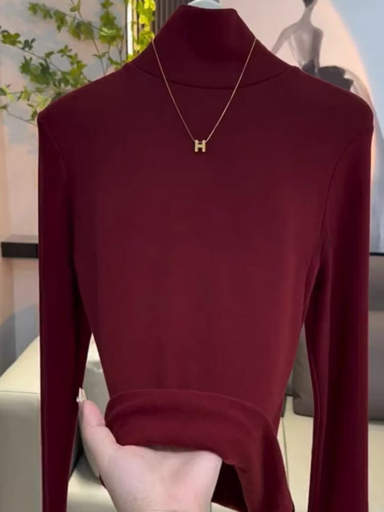 Korean style slim-fitting turtleneck top with autumn and winter new warm and versatile solid color pile collar bottoming shirt plus size