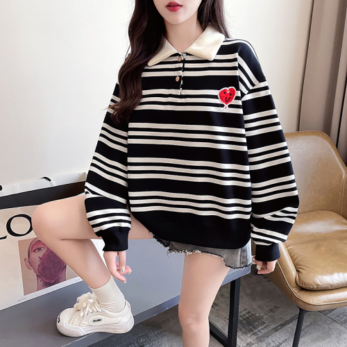 Real shot striped composite 330g sweatshirt for women spring and autumn embroidered flower shirt collar Korean style tops plus size women's 200 pounds