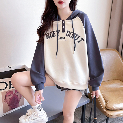 Real shot of Chinese cotton composite 320g spring and autumn thin sweatshirt women's raglan sleeve hooded trendy top plus size women's 200 pounds