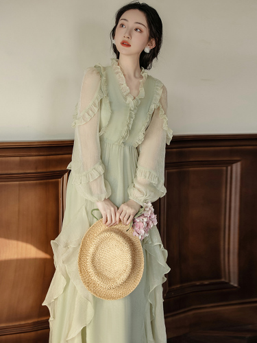 French fairy skirt mint green dress skirt long sleeve dress long skirt green gauze skirt women's autumn and winter