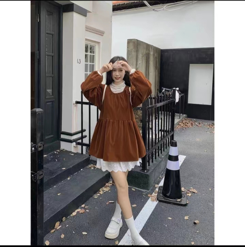 Korean style loose bubble gold velvet top for women new style retro lotus leaf velvet long sleeve round neck shirt