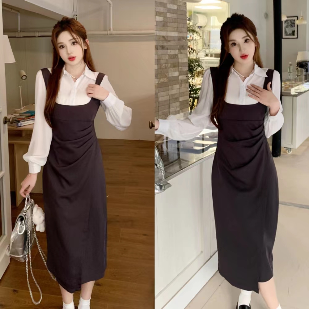 Real shot of shirt for women 2024 spring new style fat mm niche design long-sleeved shirt suspender dress