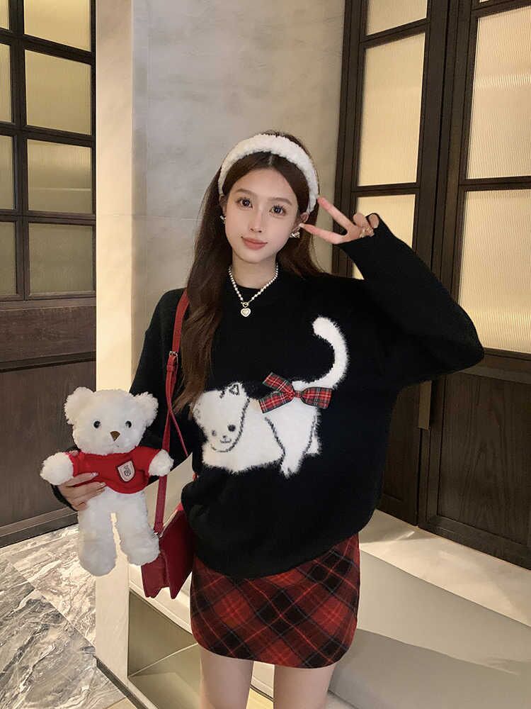 韓系可愛貓咪提花紅色毛衣女秋冬慵懶風寬鬆軟糯針織上衣