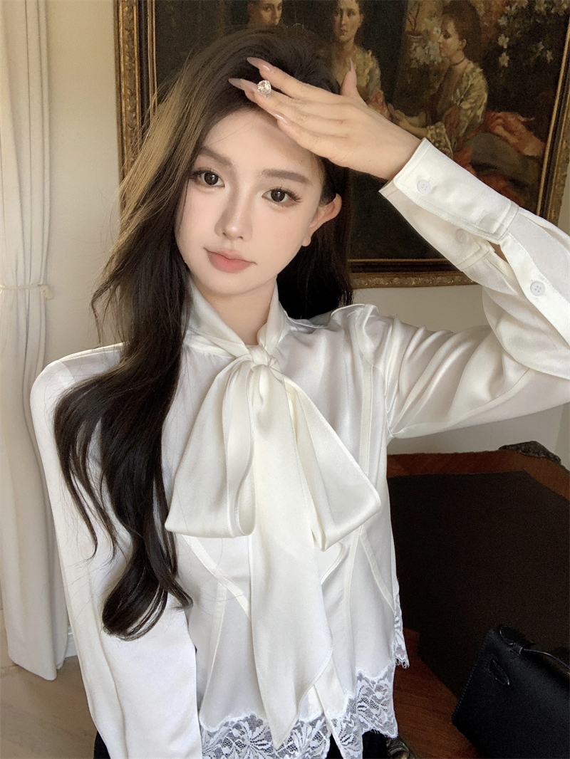 實拍 蕾絲拼接醋酸緞面襯衫氣質蝴蝶結長袖上衣女