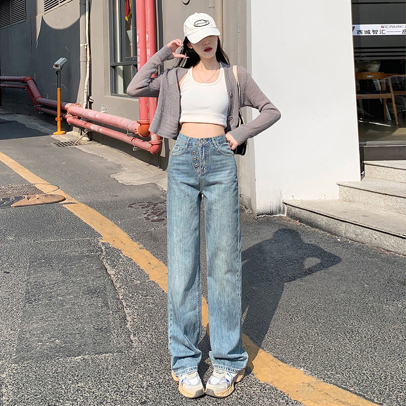 實拍~薄款高腰闊腿褲牛仔褲女寬鬆2024夏季新款顯瘦拖地褲設計感