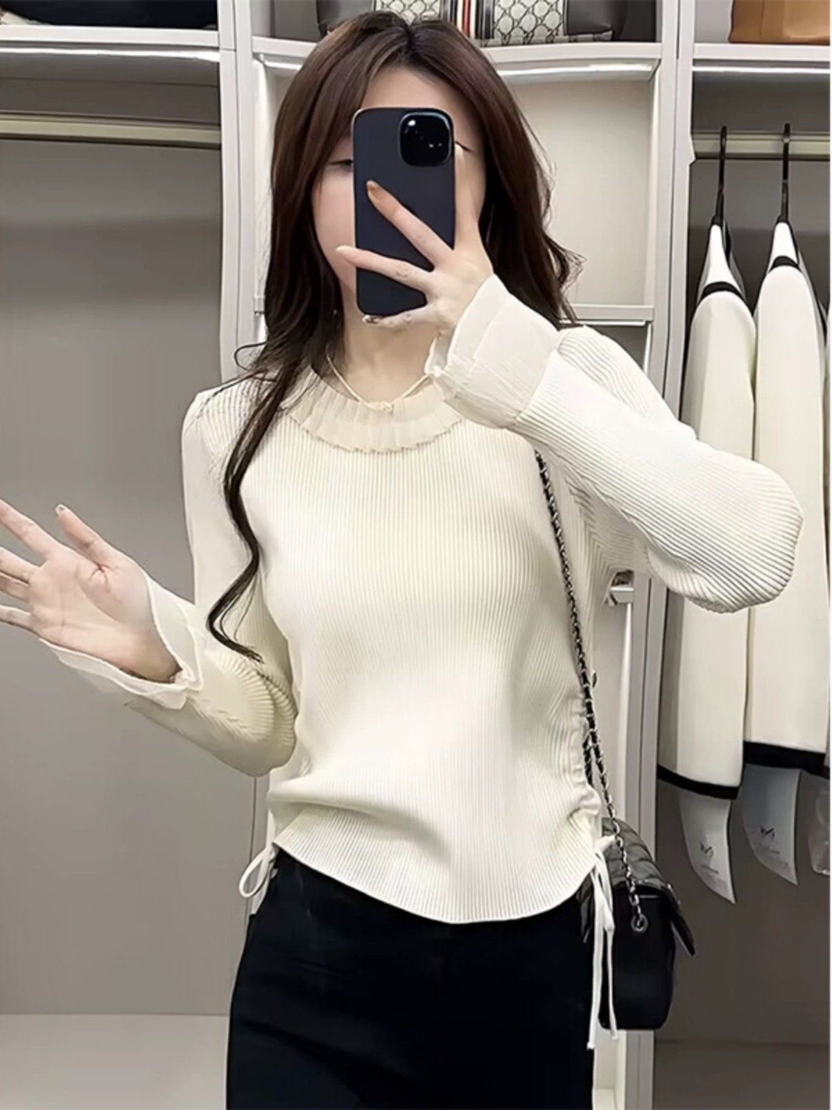 木耳邊圓領溫柔淑女氣質打底衫女冬季百搭內搭針織衫