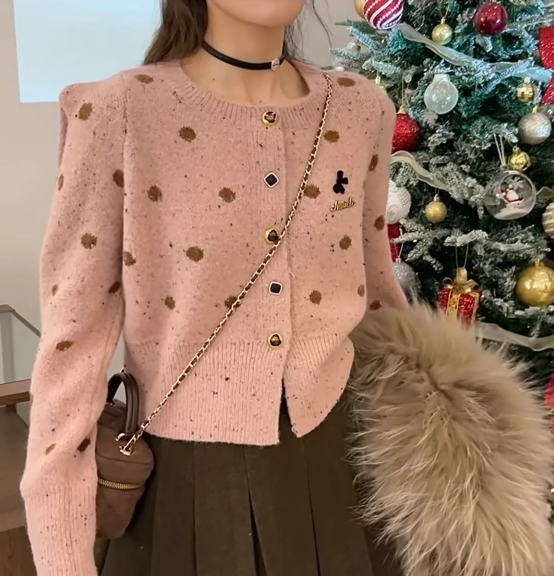 French round neck knitted cardigan new autumn and winter women's lazy style red single-breasted high-end outer sweater jacket