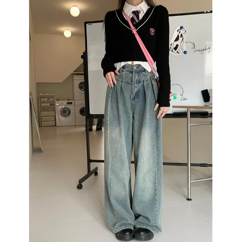 2024 Spring and Summer New Korean Style Retro Washed High Waist Pleated Slim Floor-Mopping Pants Wide Leg Large Size Women's Jeans